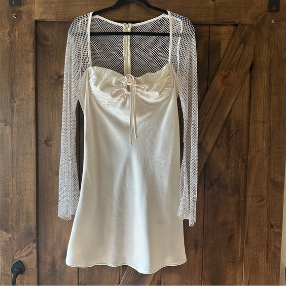 Rare London Diamante Long Sleeve Satin & Mesh Cocktail Minidress - Picture 2 of 6